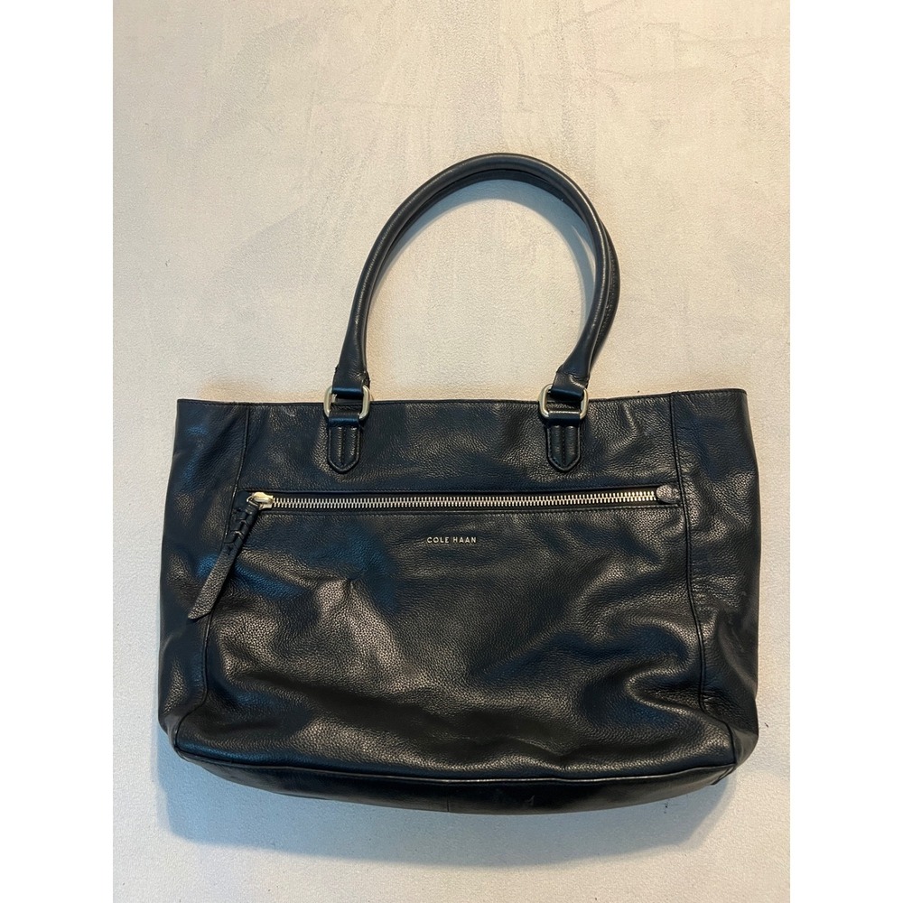 Cole Haan Womens Black Pebbled Leather Tote Bag Gold Hardware Zip Pocket Handbag